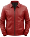 Men’s Parallel Stitched Vertical Lining Leather Bomber Jacket red