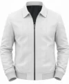 Men’s Parallel Stitched Vertical Lining Leather Bomber Jacket white