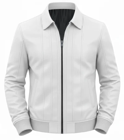 Men’s Parallel Stitched Vertical Lining Leather Bomber Jacket white