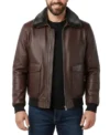 Men's Pilot Style Dark Brown Leather Bomber Jacket
