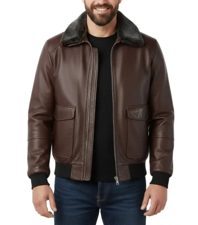 Men's Pilot Style Dark Brown Leather Bomber Jacket