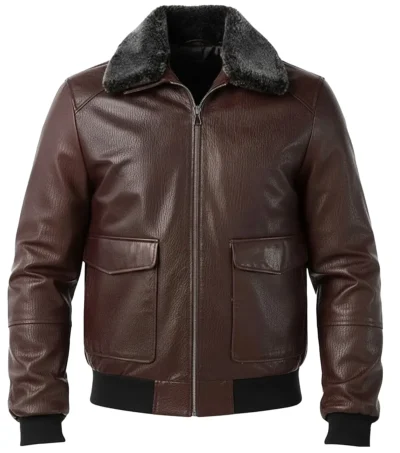 Men's Pilot Style Dark Brown Leather Bomber Jacket front view