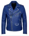 Men's Studded Real Leather Biker Jacket Blue front view