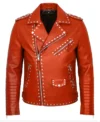 Men's Studded Real Leather Biker Jacket Red front view