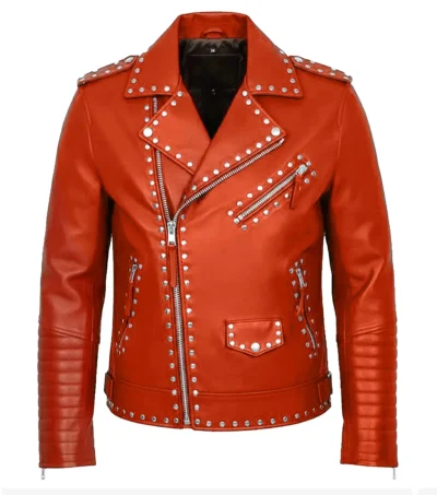 Men's Studded Real Leather Biker Jacket Red front view