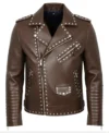 Men's Studded Real Leather Biker Jacket brown front view