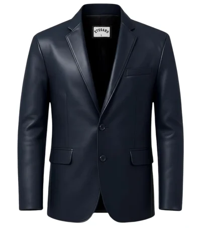 Men's Two Button Lambskin Leather Blazer navy blue front view