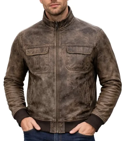 Men’s Vintage Distressed Brown Waxed Leather Bomber Jacket