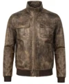 Men’s Vintage Distressed Brown Waxed Leather Bomber Jacket front view