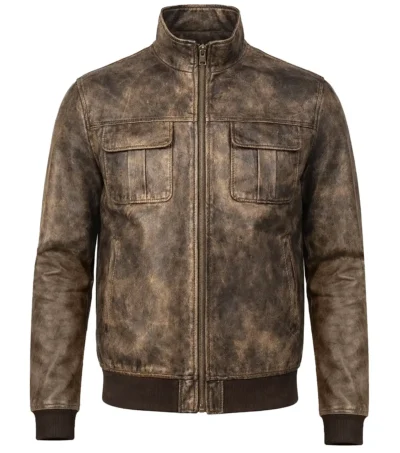 Men’s Vintage Distressed Brown Waxed Leather Bomber Jacket front view