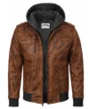 Men’s Vintage Distressed Waxed Leather Hooded Jacket Brown