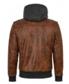 Men’s Vintage Distressed Waxed Leather Hooded Jacket Brown back view