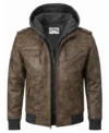 Men’s Vintage Distressed Waxed Leather Hooded Jacket Distressed Dark Brown