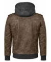 Men’s Vintage Distressed Waxed Leather Hooded Jacket Distressed Dark Brown back view