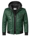 Men’s Vintage Distressed Waxed Leather Hooded Jacket green