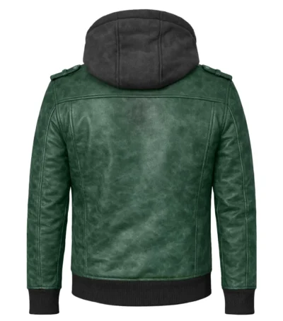 Men’s Vintage Distressed Waxed Leather Hooded Jacket green back view