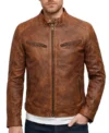 Men’s brown distressed Waxed Leather Cafe Racer Jacket
