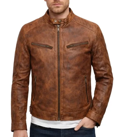 Men’s brown distressed Waxed Leather Cafe Racer Jacket
