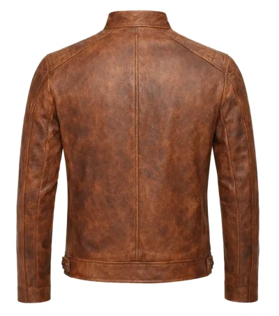 Men’s brown distressed Waxed Leather Cafe Racer Jacket back view