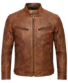 Men’s brown distressed Waxed Leather Cafe Racer Jacket front view
