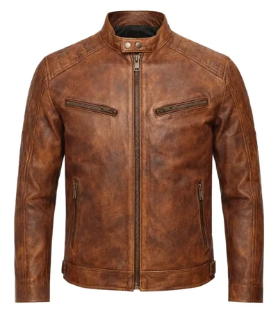 Men’s brown distressed Waxed Leather Cafe Racer Jacket front view