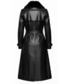 Women's Black Genuine Leather Trench coat with Fur Collar back view