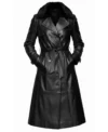 Women's Black Genuine Leather Trench coat with Fur Collar front view