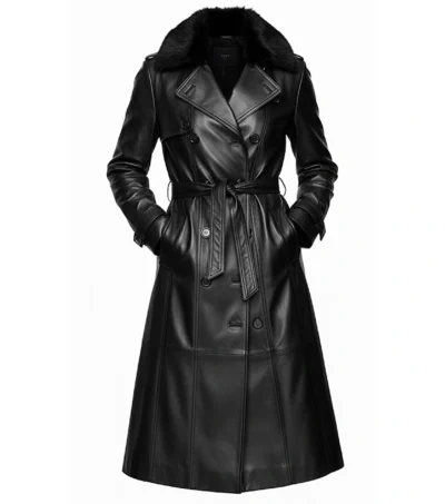 Women's Black Genuine Leather Trench coat with Fur Collar front view