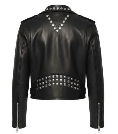 Women’s Black Studded Leather Moto Jacket back view