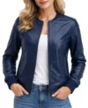 Women's Blue Lambskin Leather Bomber Jacket