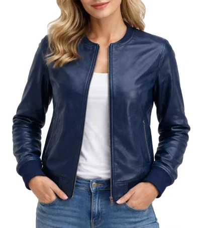Women's Blue Lambskin Leather Bomber Jacket