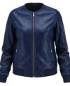 Women's Blue Lambskin Leather Bomber Jacket front view