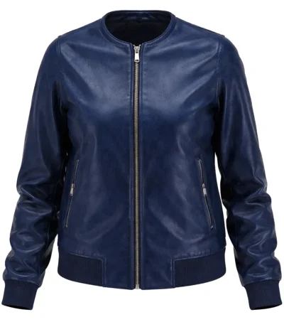 Women's Blue Lambskin Leather Bomber Jacket front view