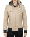 Women's Bomber Leather Jacket with Removable Hood Beeige