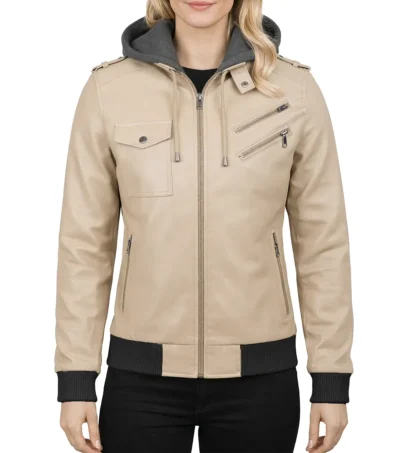 Women's Bomber Leather Jacket with Removable Hood Beeige