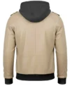 Women's Bomber Leather Jacket with Removable Hood Beeige back view