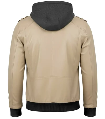 Women's Bomber Leather Jacket with Removable Hood Beeige back view