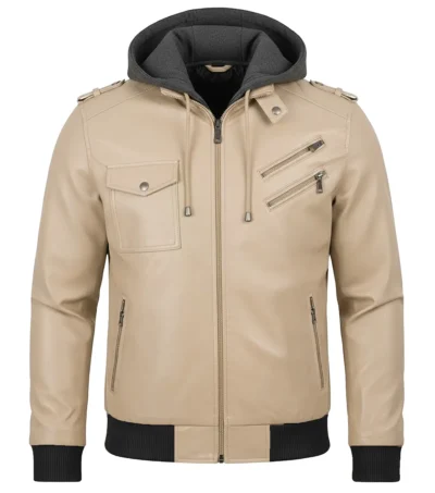 Women's Bomber Leather Jacket with Removable Hood Beeige front view