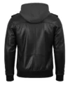 Women's Bomber Leather Jacket with Removable Hood Black Back view