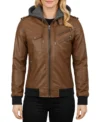 Women's Bomber Leather Jacket with Removable Hood Brown