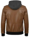 Women's Bomber Leather Jacket with Removable Hood Brown Back view