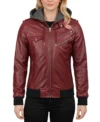 Women's Bomber Leather Jacket with Removable Hood Burgundy
