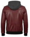 Women's Bomber Leather Jacket with Removable Hood Burgundy Back view
