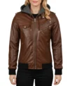 Women's Bomber Leather Jacket with Removable Hood Coffee Brown