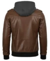 Women's Bomber Leather Jacket with Removable Hood Coffee Brown back view