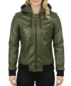 Women's Bomber Leather Jacket with Removable Hood Coffee Olive Green