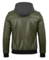 Women's Bomber Leather Jacket with Removable Hood Coffee Olive Green back view