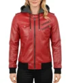 Women's Bomber Leather Jacket with Removable Hood Coffee Red