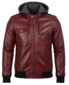 Women's Bomber Removable Hooded Leather Jacket Burgundy front view