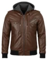 Women's Bomber Removable Hooded Leather Jacket Coffe Brown front view